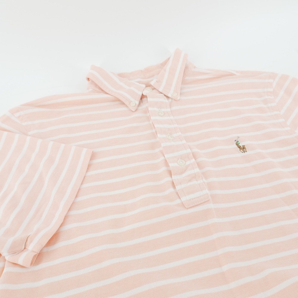 Ralph Lauren Polo Shirt Mens Medium Pink White Striped Knit Oxford Short Sleeve